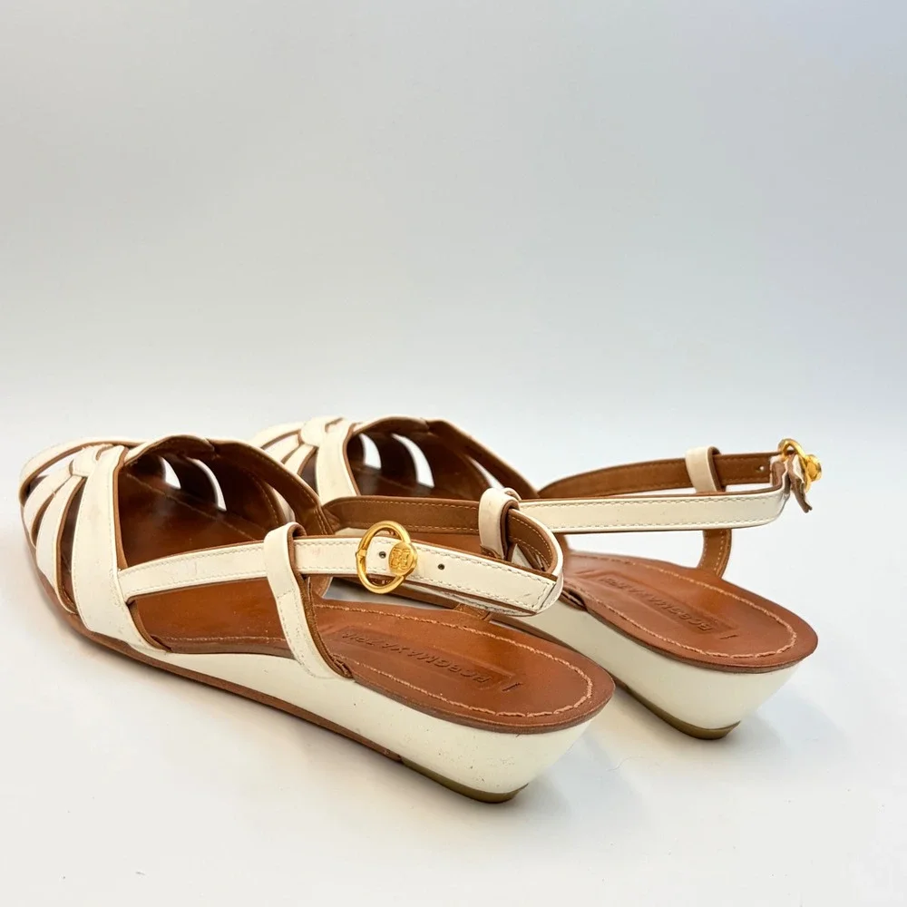 BCBG MAX AZRIA Cream Patent Leather Wedge Slingback Sandals 6.5B Chic Brazil